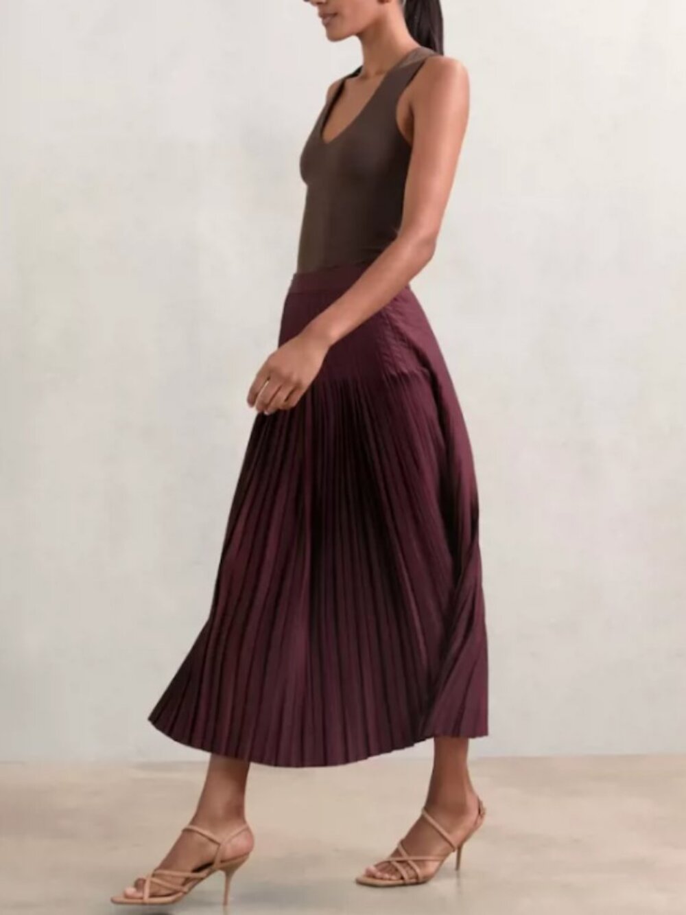 REISS Savannah Satin Pleated Midi Skirt - Burgundy Wine Quiet Lux - Picture 2 of 6